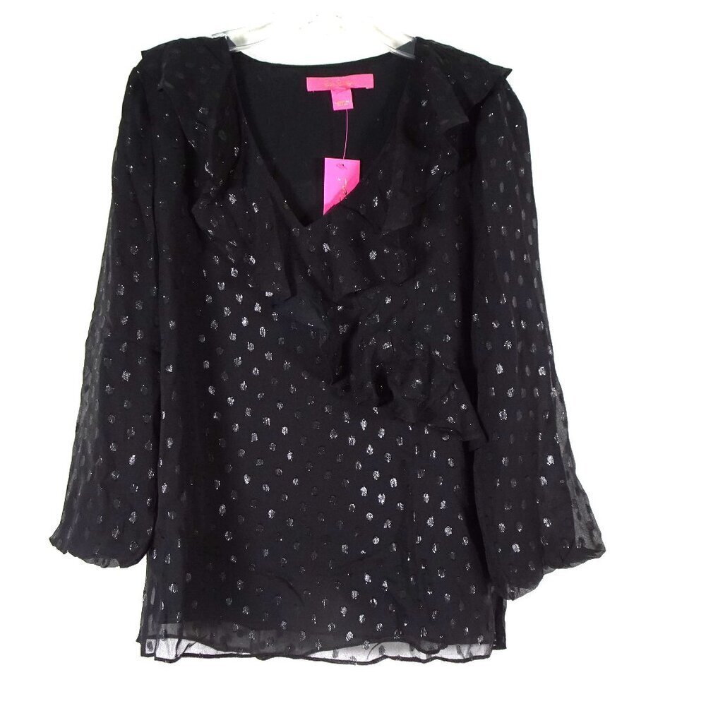 Lilly Pulitzer Olenna Silk Top Women's Size 2XS Black Ruffle Metallic Flowy